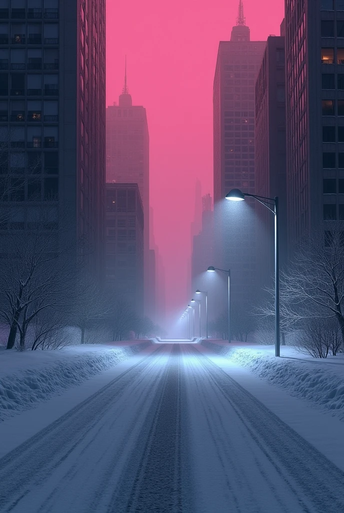 night，Blizzard，City，There are many dark high-rise buildings without lights.，A wide snow-covered road with no vehicles，Tall modern traffic street light，The sky is dark pink，no moon，There are no stars，A lifeless road with no pedestrians