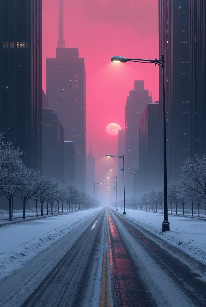 night,Blizzard,City,There are many dark high-rise buildings without lights.,A wide snow-covered road with no vehicles,Tall modern traffic street light,The sky is dark pink,no moon,There are no stars,A lifeless road with no pedestrians