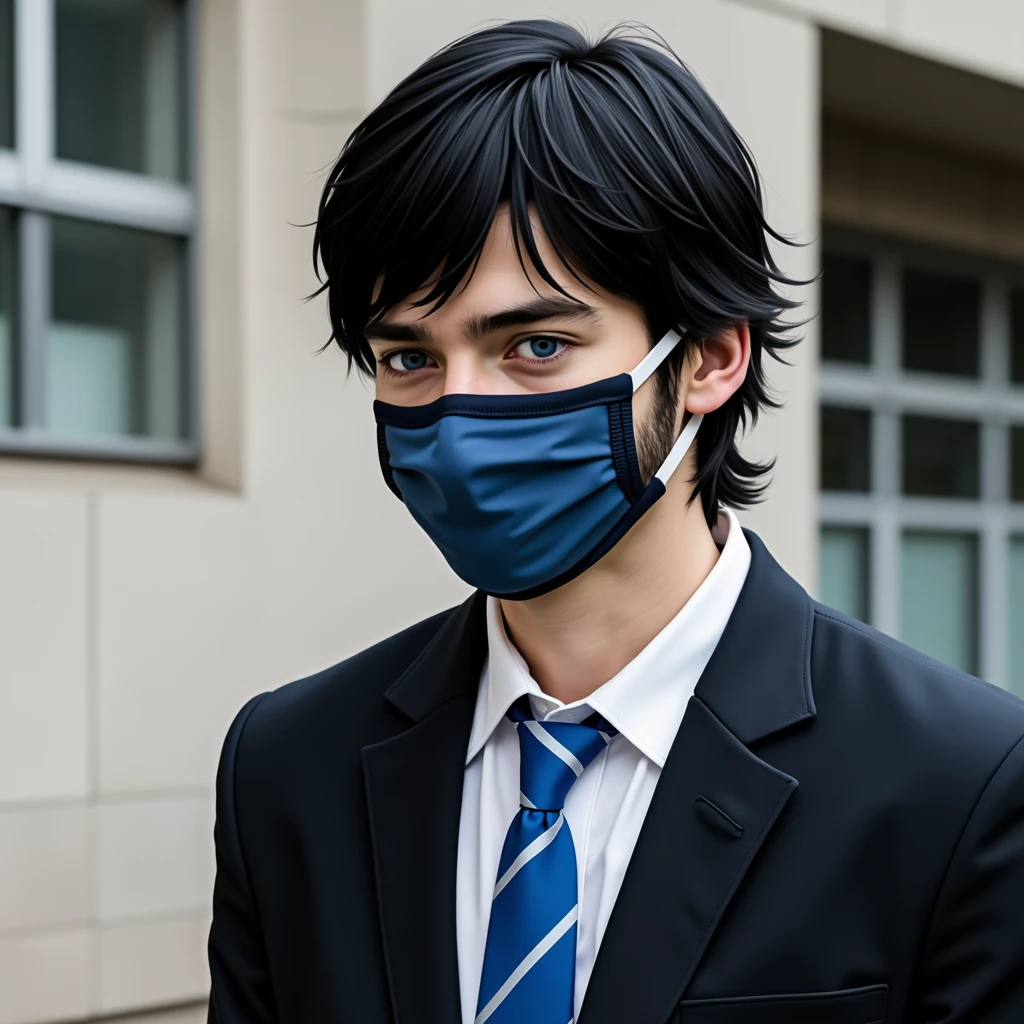 Black hair with bangs that cover his right eye. Realistic. Blue eyes. Handsome. Emo. A horizontal black and gray mask covering his mouth. A blue high school uniform. Handsome, but emo. Blue eyes and black hair. Black side swept hair. Blue eyes. Mask with stripes. Black and gray striped mask. Pale skin. Blue eyes. Noticably blue eyes. Black hair. School uniform. High school school uniform. Blue school univorm. Gray mask. Black hair. Emo. Moody. Sarcastic. Bitter. School uniform. Shaggy black hair. Blue eyes. BLUE EYES. Handsome. High school boy. Youthful face. Youthful pale face with blue eyes.