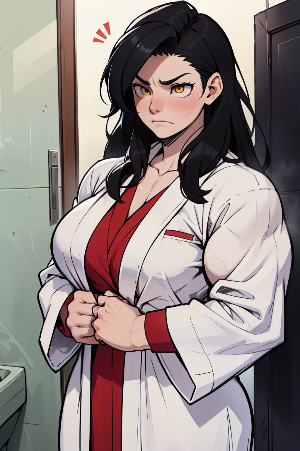 massive breasts huge breasts ((((muscular girl)))) ((((muscular girl)))) ((((muscular girl)))) toned body long hair black hair yellow eyes pale skin serious look empty eyes sad frown embarrassed embarrassed embarrassed embarrassed bathrobe