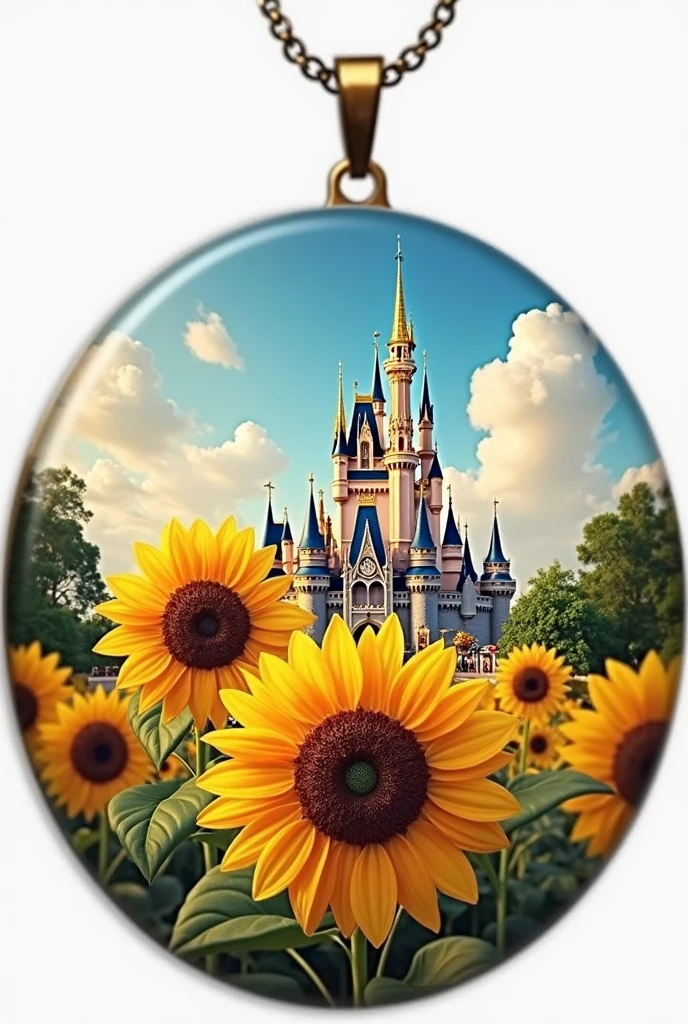 A small circular mural for a locket, a circular design, an aesthetic picture of Disneyland castle in the background with a beautiful sunflower in the foreground, use pretty contrasting colors