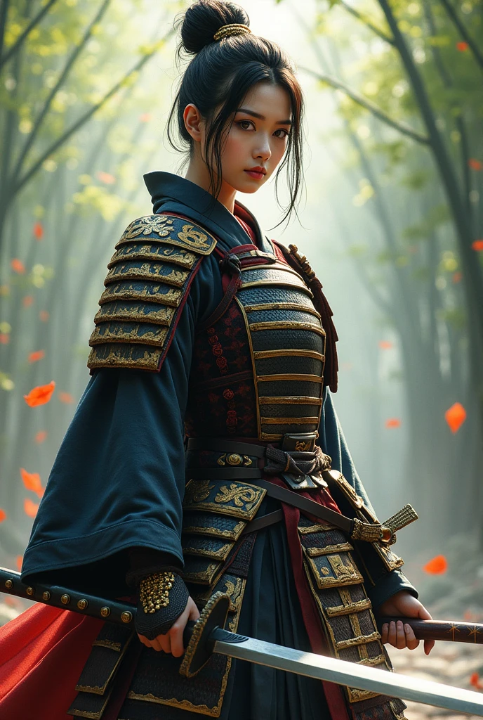 A strikingly beautiful and imposing female samurai, clad in detailed traditional Japanese armor, with metal plates and richly ornamented fabric. She masterfully wields a naginata, its long, sharp blade gleaming in the sunlight. Her dark hair is tied in an elegant bun, and her eyes express determination and focus. The background can be a misty battlefield, a traditional Japanese temple, or a lush bamboo forest.