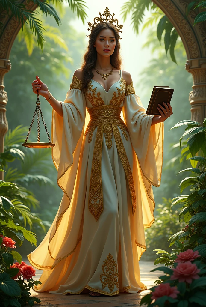 BEING OF JUSTICE in a lush tropical garden, wearing an open TOLGA with GOLD print, STANDING showing her natural charm and FAIR, ADULT personality. HOLDING A SCALE IN THE RIGHT HAND AND A BOOK IN THE LEFT HAND