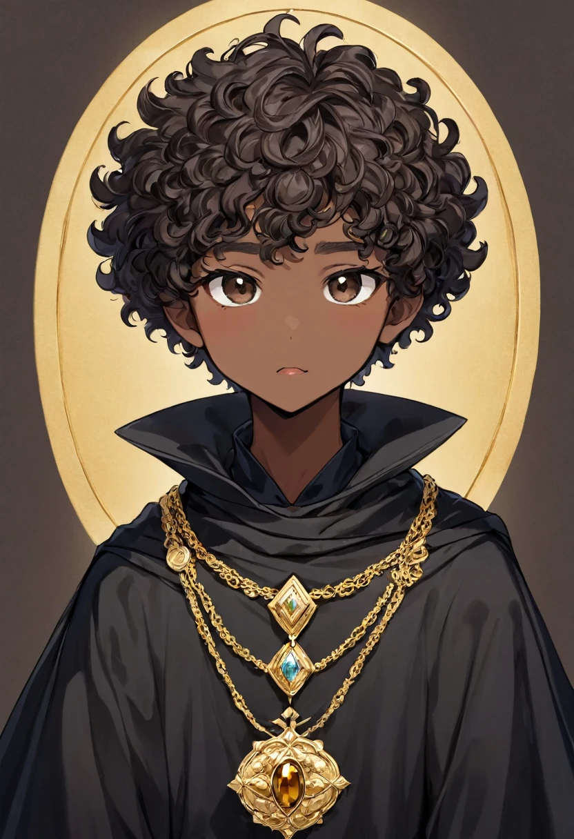 (Boy1),(Solo portrait of a boy),(short curly black curly hair in Afro Brazilian style),(dark brown skin color:1.5),(dark brown eyes),(height meter 1,80cm),(Average physical height of a 1 adolescent,(kAverage physical height of a 1 adolescent,(),(young body and youthful appearance),(oval-shaped face and thick flattened nose a little thin and big mouth more a little thin and cheeks a little thin more in normal size he makes an expression of hatred and disgust),(wearing),+,(an 8th century emperor's garment consisting of a stylish shiny black cape and a blouse made of fine noble wool with gold threads and black fabric with sinissa undertones and a black pair of pants with gold threads and made of cotton and black boots with gold accents and around the neck an oval necklace made of gold with a diamond gemstone in the center)