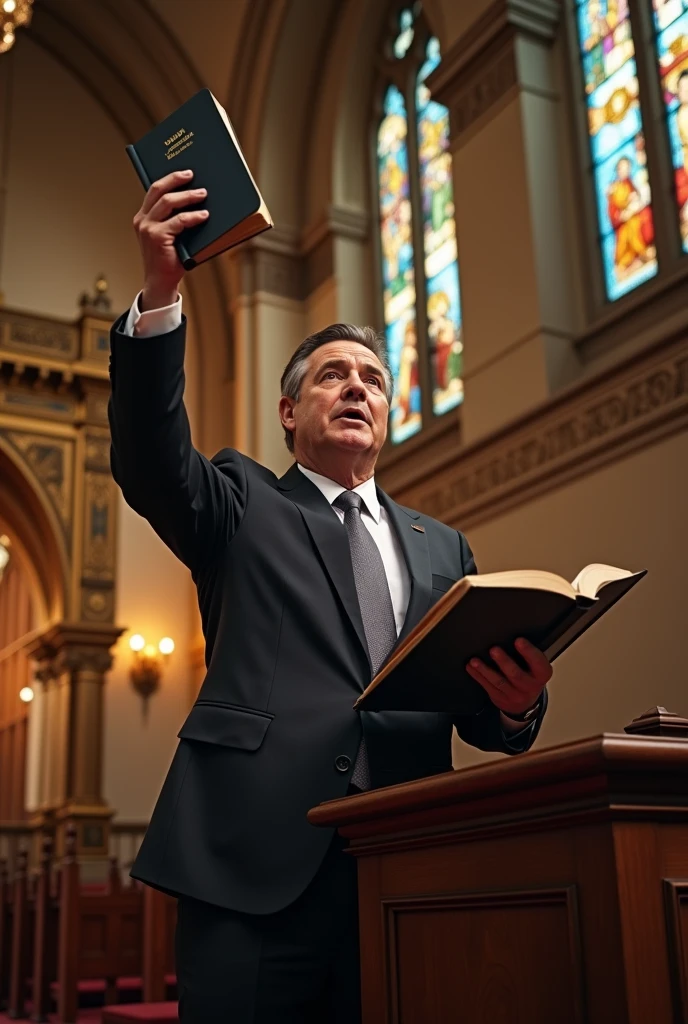 Creat a 39 years man preaching in church lifting bible in one hand , wearing suit