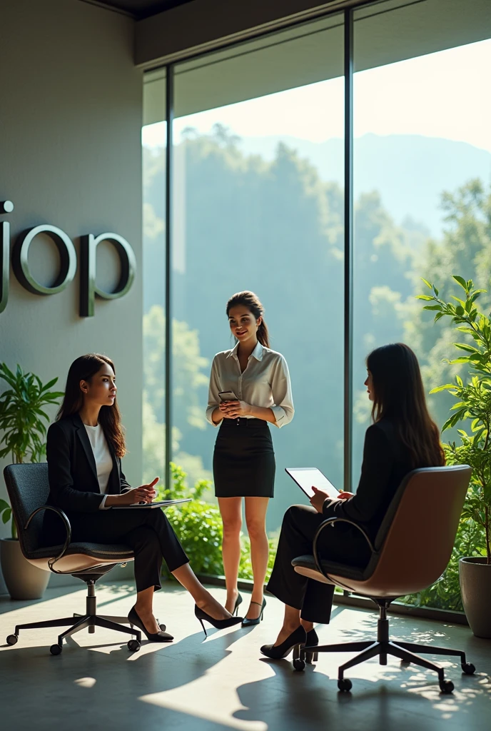 three girls are sitting in a super modern office with panoramic windows, where there is a lot of greenery one of them is interviewing the other for a job, on the wall of the office hangs a large logo in the style of google “Jobpromo”.