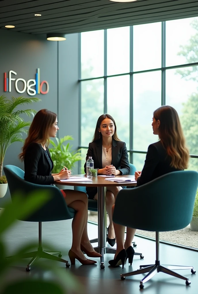 three girls are sitting in a super modern office with panoramic windows, where there is a lot of greenery one of them is interviewing the other for a job, on the wall of the office hangs a large logo in the style of google “Jobpromo”.