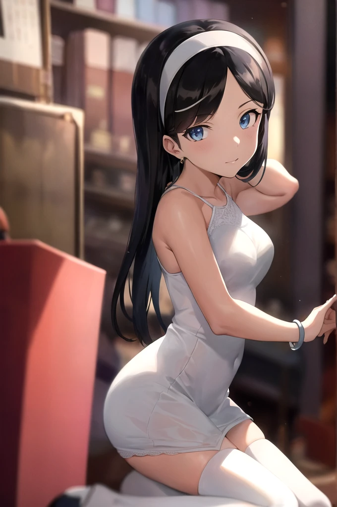 best quality,masterpiece,looking at viewer,absurdres,1girl,
depth of field,kumashiro maya,black hair,hairband,blue eyes,breasts,thighhighs, white dress, bare shoulders, bracelet, black thighhighs