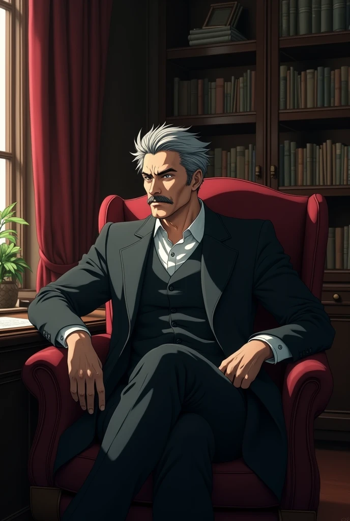 Adult man with mustache and slightly gray hair wearing an overcoat sitting in an armchair in an office, com estilo de arte anime Death Note. 