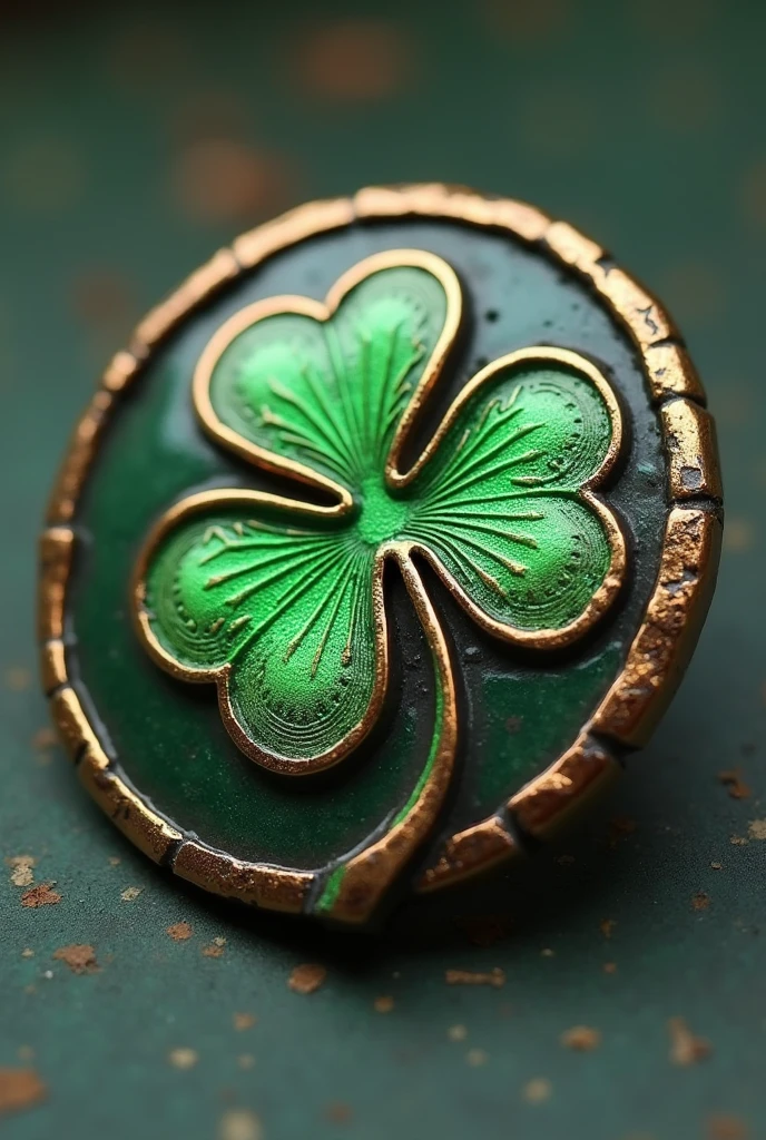 Create two different models of round metallic pins with four-leaf clovers where only the clover is colored with gold edges
 