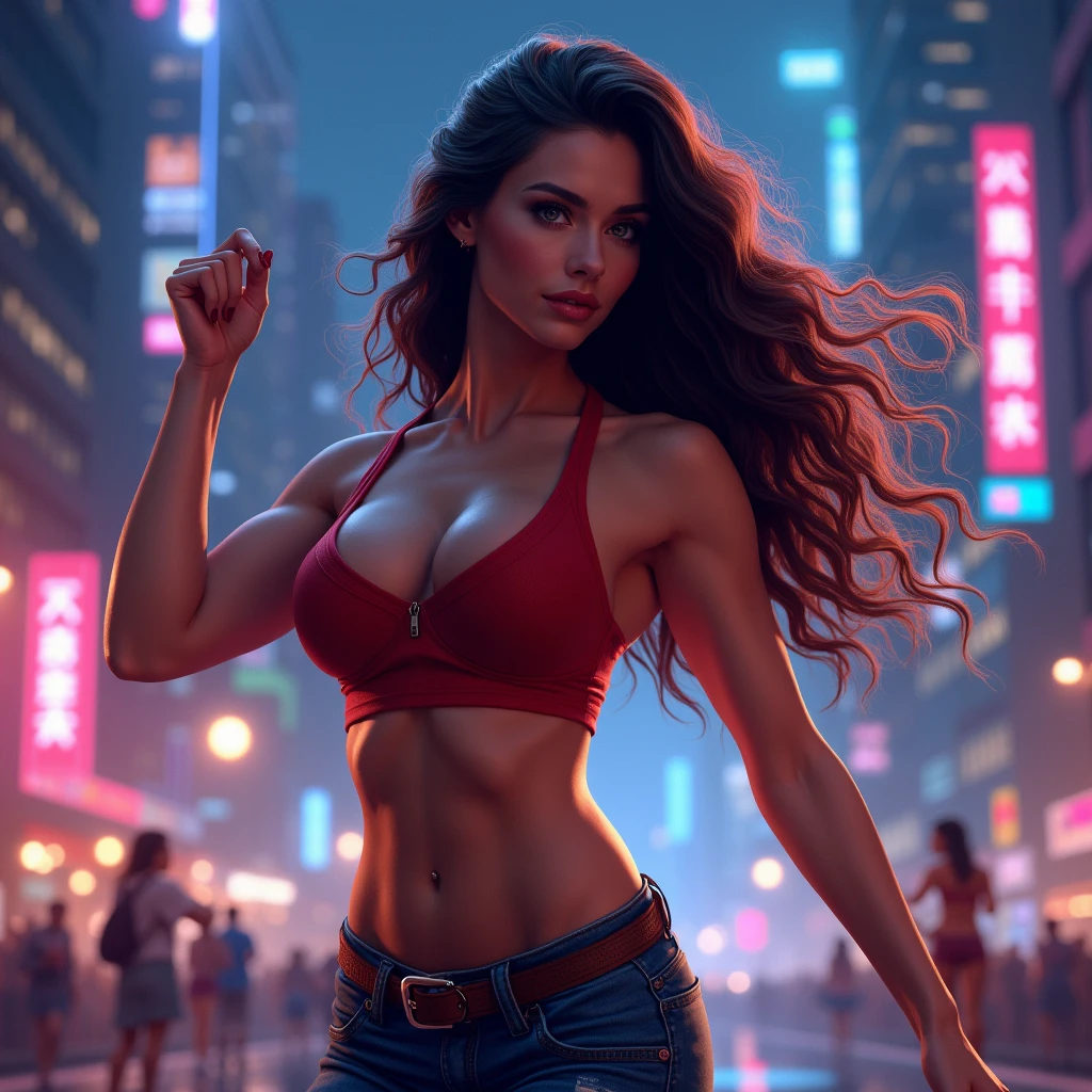 A woman wearing a t-shirt and sweatpants, Long Hair, Dancing, City of night, Beautiful night view as background, Abdominal muscles, Large, firm breasts, Vibrant, Beautiful Face, Highly detailed eyes:1.1, Blush all over face, sharp lips, Wide Hips, Big round breasts, 5 fingers per hand, Perfect Anatomy:1.1, Perfect Proportions:1.1, slightly muscular arms, Muscular body, (Muscular woman:0.6), Volumetric lighting, Dynamic Lighting,