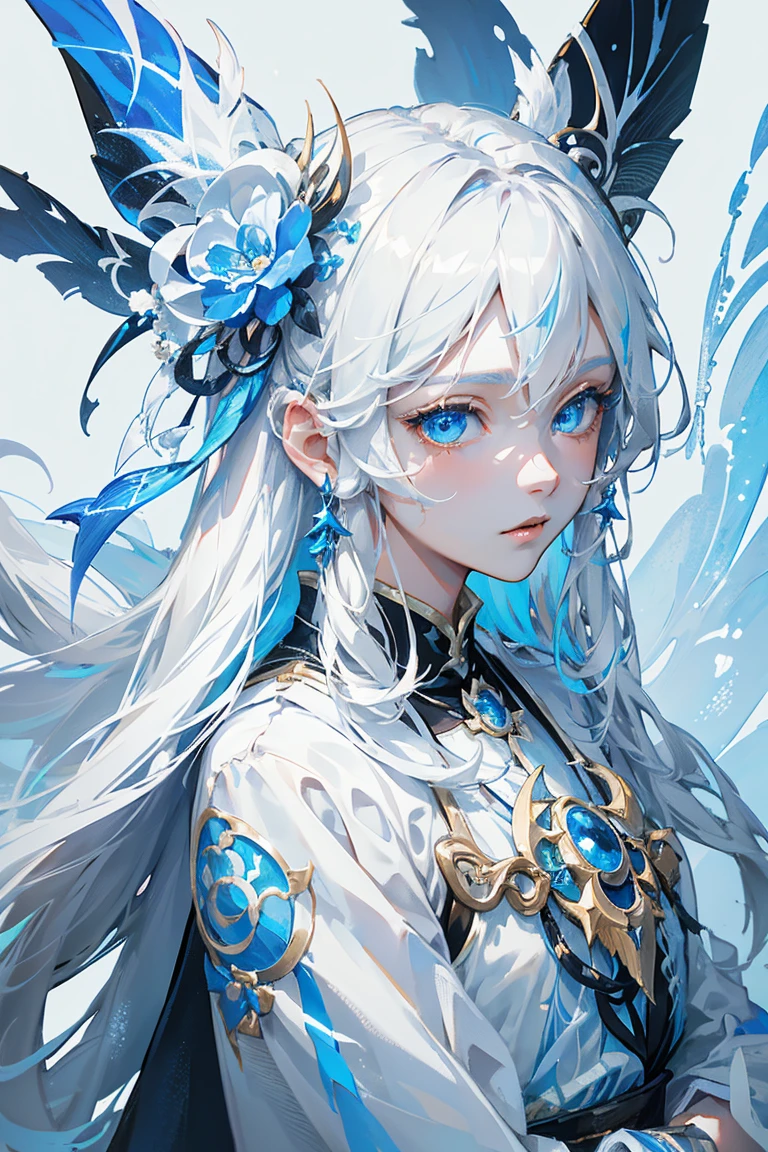 1 men ，(close-up of the upper body)，(Detailed facial details:1.2, beautiful eyes, White hair、and blue eyes)、Anime character with blue cape, cute outfits, heise jinyao, sylas, Detailed art of Onmyoji, retrato de onmyoji, offcial art, Paint Splatter Art