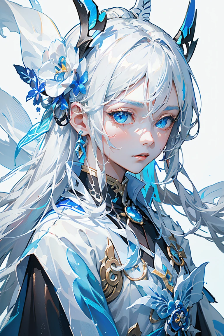1 men ,(close-up of the upper body),(Detailed facial details:1.2, beautiful eyes, White hair、and blue eyes)、Anime character with blue cape, cute outfits, heise jinyao, sylas, Detailed art of Onmyoji, retrato de onmyoji, offcial art, Paint Splatter Art