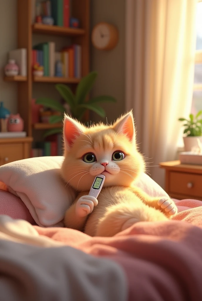 Pixar animation-style AI cat、Soft textured fur、large, expressive eyes、Lying in bed、Holding a thermometer in his mouth、Wearing fluffy, light-colored loungewear、Wrapped in a soft blanket、A slightly troubled look、Warm indoor light、Detailed background(Bookshelf、plant、Toys etc.)、Water and tissue box on the nightstand、Soft sunlight streaming through the window、3D rendering style、High resolution