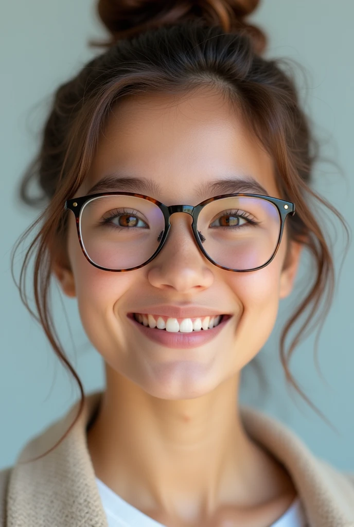 teen girl with hair bun and pretty glasses smiling; 4k head shot