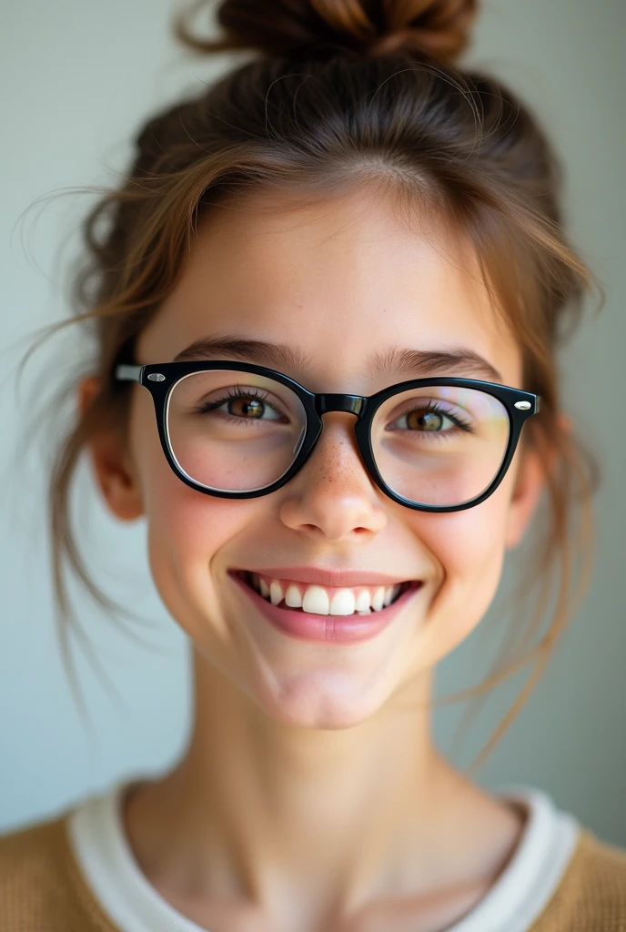 teen girl with hair bun and pretty glasses smiling; 4k head shot