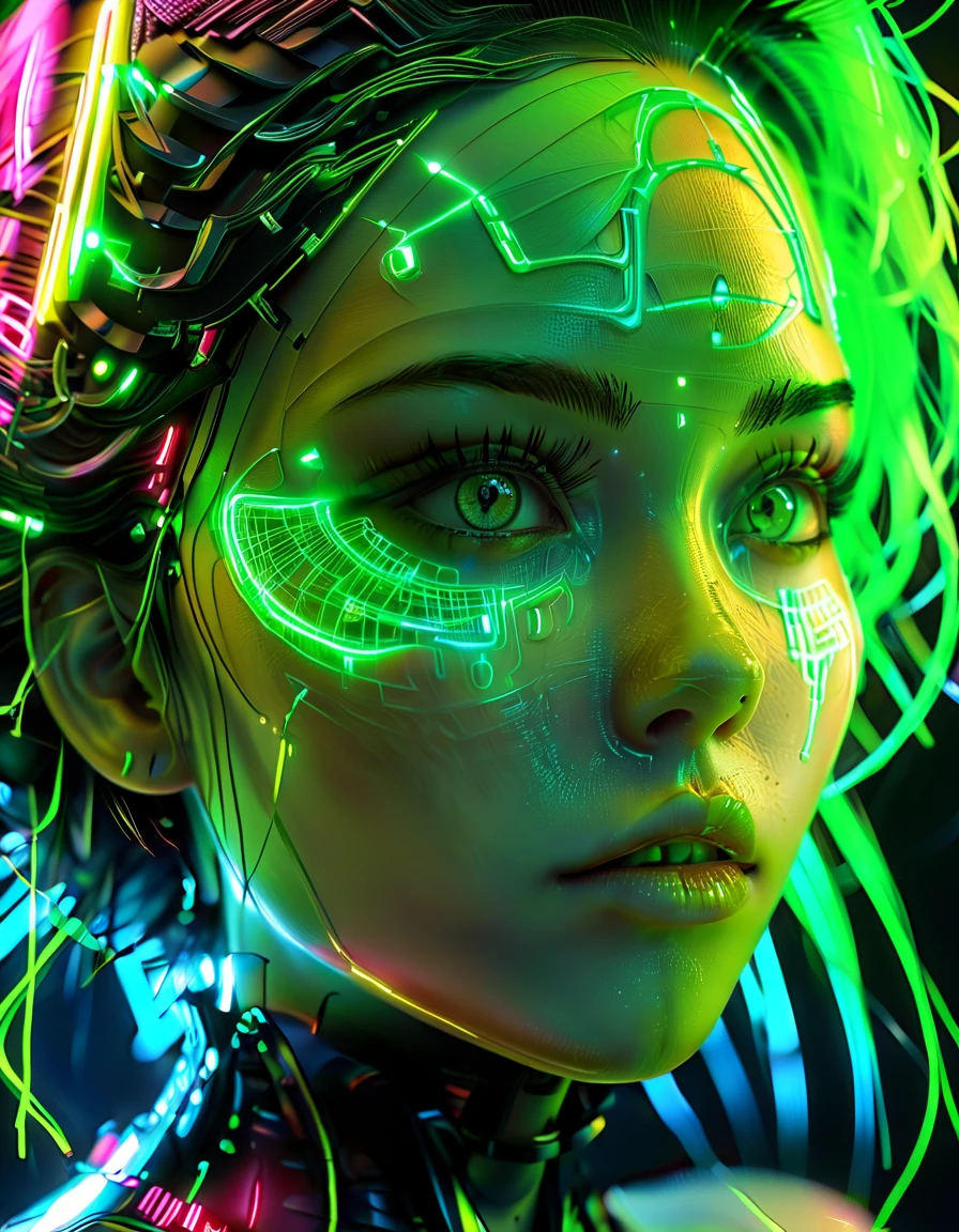 a stunning digital portrait of a woman, ethereal silhouette formed by cascading colorful binary code, electric blues, bright hot pinks, vibrant neon greens, breathe life into the figure, seamless fusion of technology and organic beauty, 8k ultra-detailed, ultra high resolution, masterpiece, by Yukisakura, cinematic dramatic lighting, photorealistic, hyper-realistic, extremely detailed, sharp focus, intricate patterns, dynamic lines, digital dance, futuristic, cyberpunk, attention to detail, Ultra HDR, extreme contrast of shadowed face and bright digital light. Neon Green irises with hot pink lines accenting the dents between the irises and pupils. Cinematic Portrait, realistic, cinematic photography, octane rendering, trending on art station, attention to facial details, hyper accelerated A.I., Masterpiece