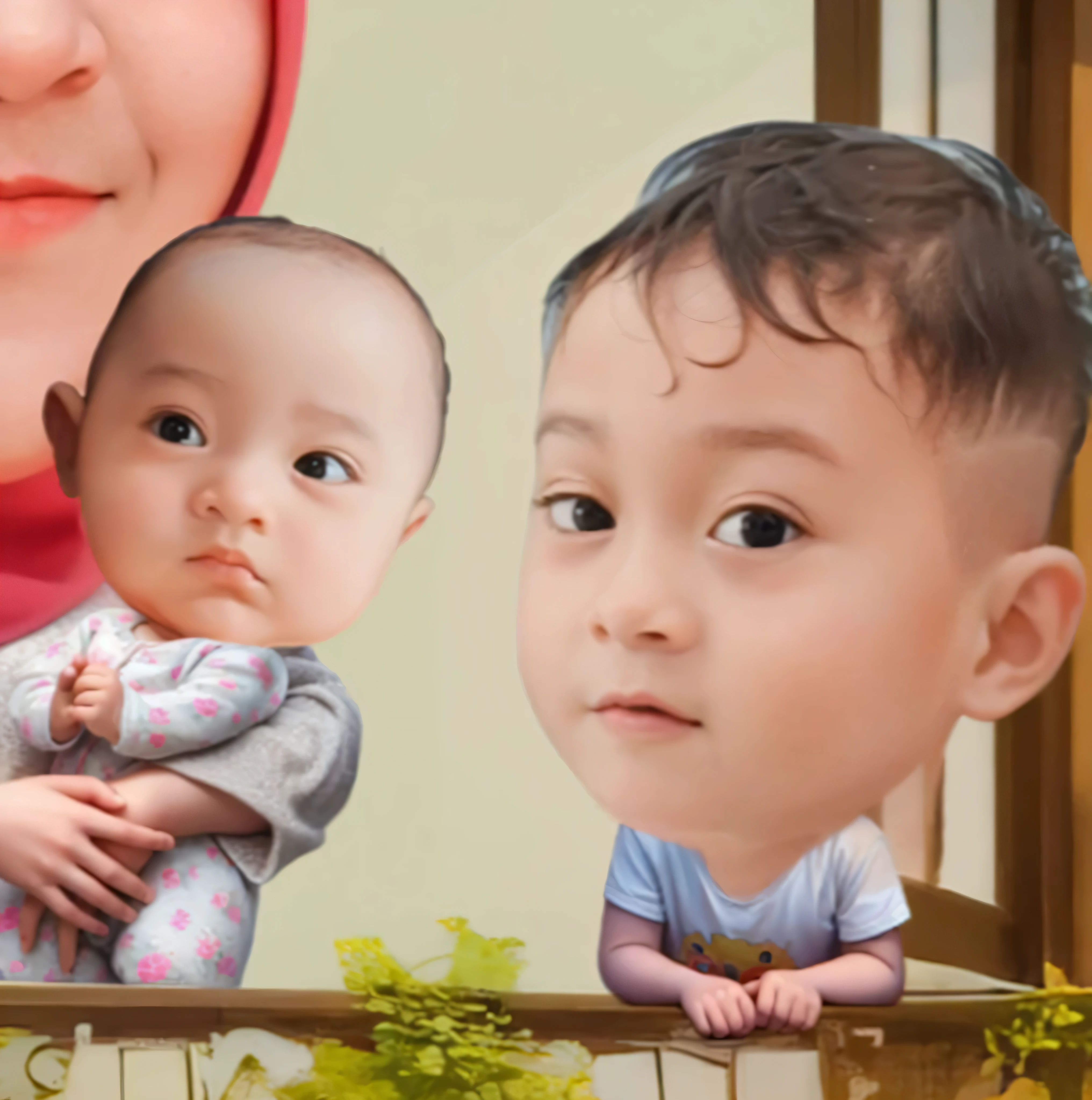 a close up of a hijab woman Wearing Glasses, Holding a baby in the window, And a boy stood beside him, full protrait, realism artstyle, inspired by Nil Gleyen, nft portrait, fanart, portait photo profile picture, kawaii realistic portrait, in cartoon style, inspired by JoWOnder, protrait, high quality portrait, sakimi, inspired by Kim Jeong-hui