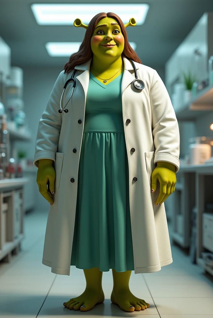 Fiona from the Shrek movie, more faithfully to the character, but in a lab coat, stethoscope dressed as a doctor.
and with acromegaly