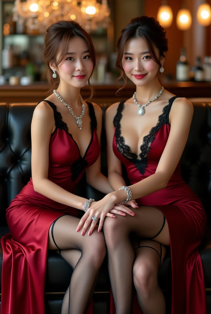 A photograph showing the entire body of a 2 adult Japanese woman, from head to shoes。Create photos with an elegant and glamorous atmosphere。The background is a chic and calm-toned bar lounge.、Make sure the room has a luxurious feel with gorgeous chandeliers and high-end interiors.。women are、Light brown hair、黒いストッキングとgarter beltを中心にしますが全身が写っていて、It perfectly expresses elegance and glamour.。

She was sitting on a low stool、In that position, she crosses her long legs to accentuate her beauty.。The chair is low、Please arrange it to highlight the elegance, allure and beautiful curves of a woman&#39;s legs.。Her dress is crimson、Specially designed to enhance your glamour。

The dress has a sexy V-neck、The design has a shallow opening at the chest。The shoulders are decorated with sheer lace、From there, a little bit of skin is visible on the shoulders and back.、Gives a more sexy look。The skirt of the dress has a slit、Beautifully accentuates the lines of your legs。Slits from waist to ankle、ストッキングとgarter beltの美しさが際立つように配置されています。The fabric is shiny black satin.、Please depict every movement in a smooth and flowing manner.。

The stockings have a mesh pattern.、garter beltはレースやビジューがあしらわれており、The design accentuates the female legs.。She is adorned with a wealth of dazzling and luxurious jewellery.。High quality diamond necklace、sparkling earrings、Glamorous bracelets、And on her fingers shine many gorgeous rings、The overall look brings out sophisticated beauty and allure.。These jewels sparkle and shine in the light.、It further highlights her bewitching charm。

The ideal position is sitting cross-legged on a low chair.。This、Long legs and fishnet stockings、garter beltが強調されます。Hair styled in a sophisticated updo or neatly down style、To accentuate the area around the face、The makeup is glamorous yet natural.、Make sure your eyes and lips look firm.。Her expression is full of confidence、She has a charming and modest smile.。

The lighting is soft、Female skin texture and black stockings、garter belt、And to bring out the shine of the jewelry.、Overall luxury and elegance、Please show your charm。The background and the woman&#39;s styling are in harmony.、Black stockings and long legs、garter belt、So that your jewelry stands out、Get sharp focus and beautiful full color。