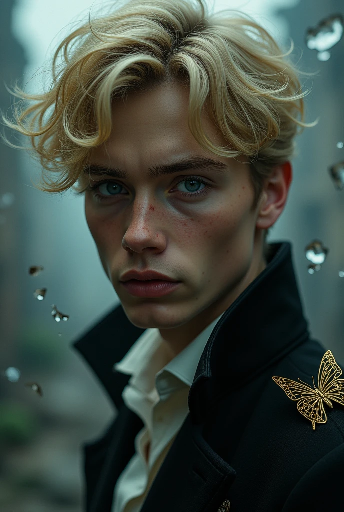 solo, full body photo:1.3), (action packed:1.3), (haze, fog, mist:1.3), chiaroscuro, best quality, photorealistic, 1man, (cute), (18yo:1.2), blondhead, highly detailed, 1700'S, digital photography, art by artgerm and ruan jia and greg rutkowski surreal painting gold butterfly filigree, broken glass, (masterpiece, sidelighting, finely detailed Fashionable eyes: 1.2) (perfect oval large eyes that looks down), beautiful detailed face, ocean blue perfect eyes, (attractive young man:1.3), (thick amazing hair), (shy:1.1), (scared:1.1), marks on face