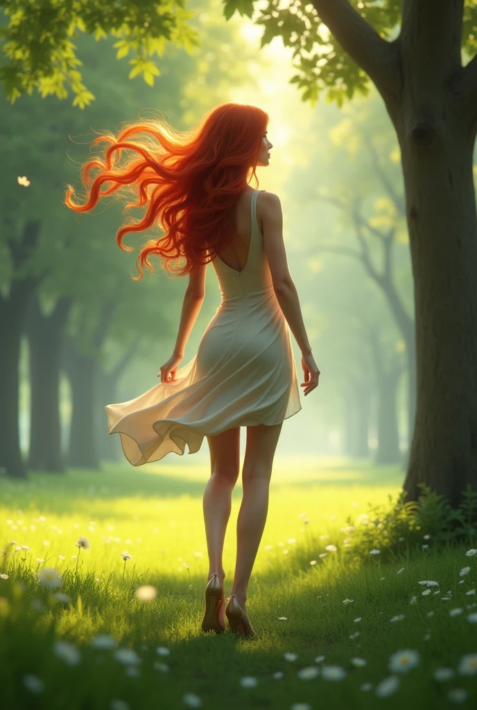 Une femme rousse, au charme irrésistible, se promène avec grâce dans un parc verdoyant. Ses cheveux roux, d'un éclat vibrant, ondulent légèrement au gré de la brise, attirant tous les regards. Elle porte une robe élégante, ajustée à sa silhouette, qui met en valeur ses courbes et souligne sa féminité. Ses jambes sont délicatement mises en valeur par la longueur de sa robe, tandis que ses talons résonnent doucement sur le sentier pavé. Autour d'elle, le parc est un écrin de verdure luxuriante, avec des arbres majestueux qui offrent de l'ombre et des pelouses d'un vert éclatant. Des rayons de soleil filtrent à travers le feuillage, créant des jeux de lumière sur sa peau. La scène est paisible, rythmée par le chant des oiseaux et le murmure du vent dans les feuilles, ajoutant une touche de sérénité à cette promenade envoûtante.