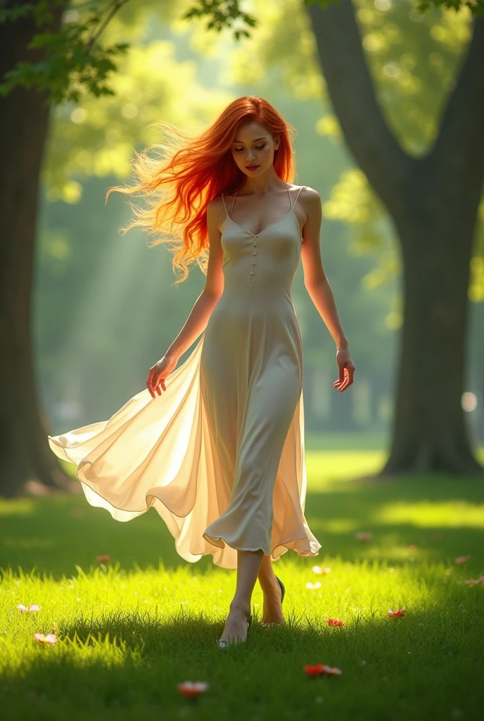 Une femme rousse, au charme irrésistible, se promène avec grâce dans un parc verdoyant. Ses cheveux roux, d'un éclat vibrant, ondulent légèrement au gré de la brise, attirant tous les regards. Elle porte une robe élégante, ajustée à sa silhouette, qui met en valeur ses courbes et souligne sa féminité. Ses jambes sont délicatement mises en valeur par la longueur de sa robe, tandis que ses talons résonnent doucement sur le sentier pavé. Autour d'elle, le parc est un écrin de verdure luxuriante, avec des arbres majestueux qui offrent de l'ombre et des pelouses d'un vert éclatant. Des rayons de soleil filtrent à travers le feuillage, créant des jeux de lumière sur sa peau. La scène est paisible, rythmée par le chant des oiseaux et le murmure du vent dans les feuilles, ajoutant une touche de sérénité à cette promenade envoûtante.