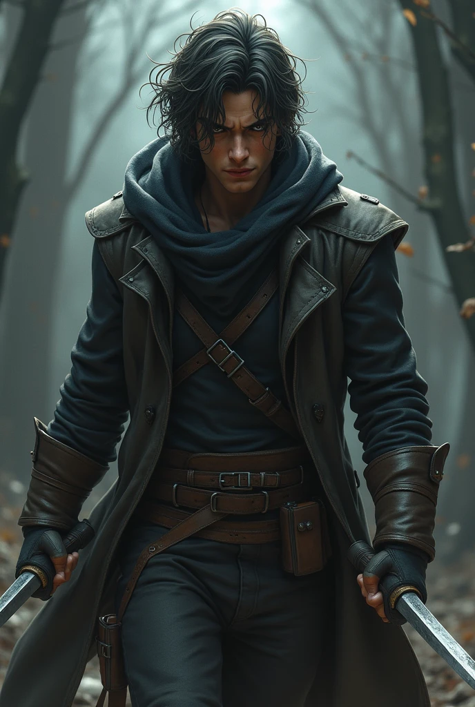 A rogue with medium to long hair who uses two daggers, has a sarcastic smile on his face