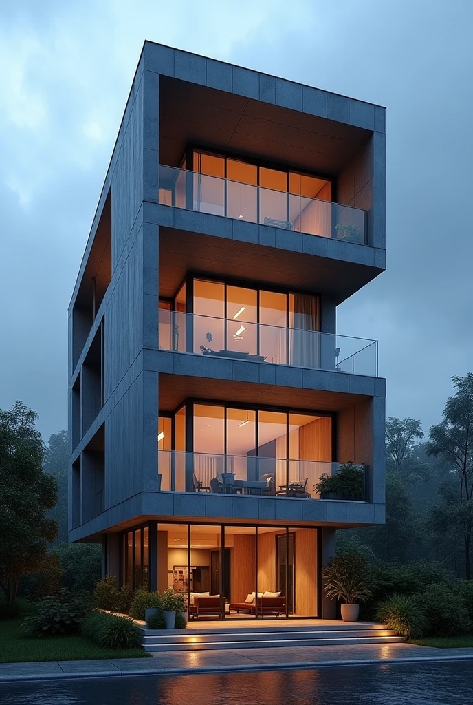 Create a realistic 3D image of a 4 storeyed residential building, modern architecture, in a blue rainy season background , front elevated view,