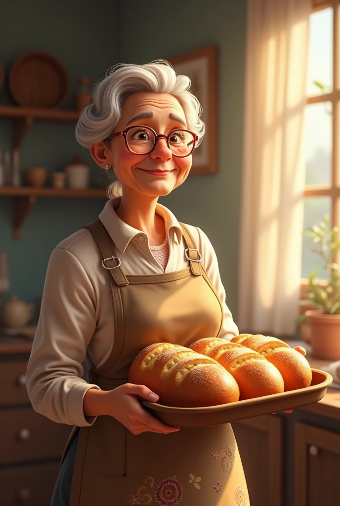 Cute grandmother with a tray of bread in her hand