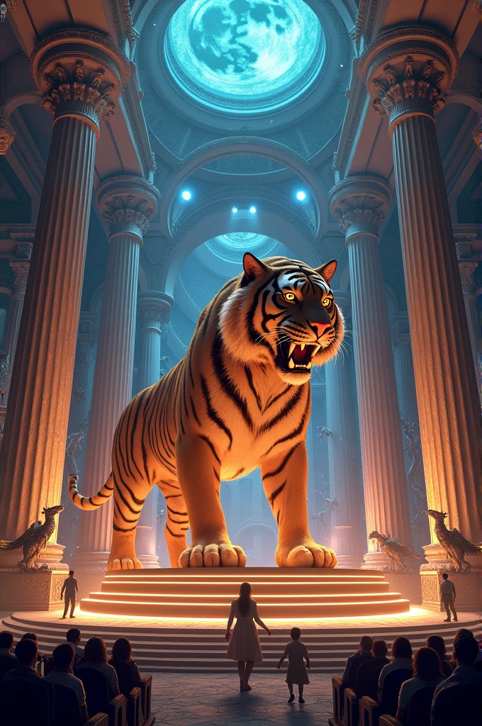 Stage design for an event called "Tiger's Assembly 2024" Where all engineering students gather. The concept of the stage design is percy jackson inspired. athens greece with fantasy and power. Use tiger as main character