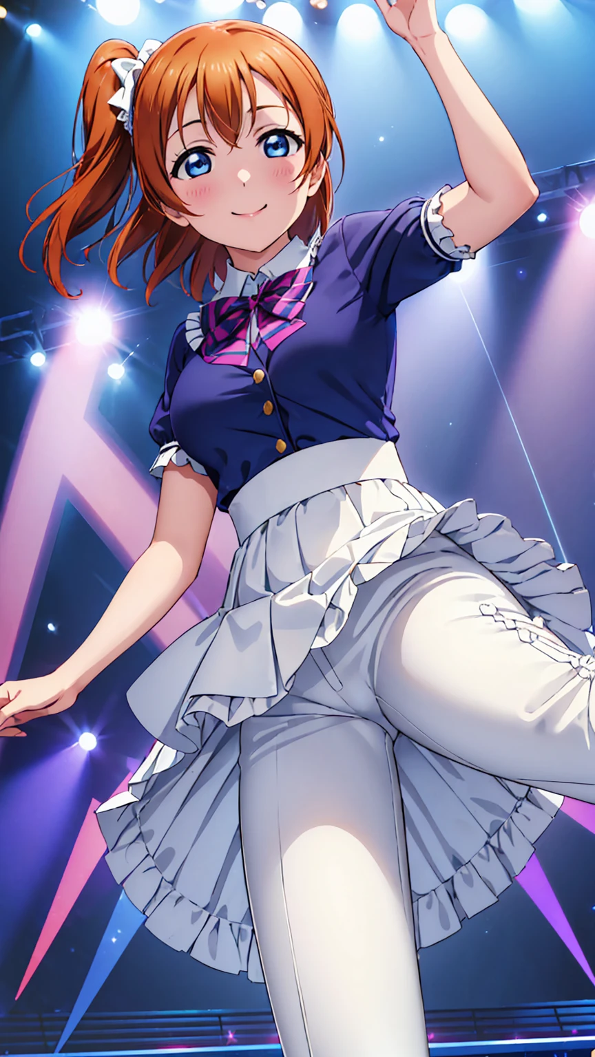 (((Pixel Perfect, Perfect Detail))), (((Skirt Diameter from Below,))), Alone, Alone Girl, Kosaka Honoka, (μ's Idol Dress), Looking at Viewer, Smiling, μ's, Love Live! Stage, Singing, (Tucked Skirt 1.3), (Detailed Pants 1.3), (White Pants: 1.3), (Ruffle Pants: 1.3), (frilly Panties: 1.0), (Cotton Pants), (Low Angle), (Ruffled Petticoat), Blue Eyes, Orange Hair, One Side Up Hair, Short Hair, (Open Legs: 1.3)