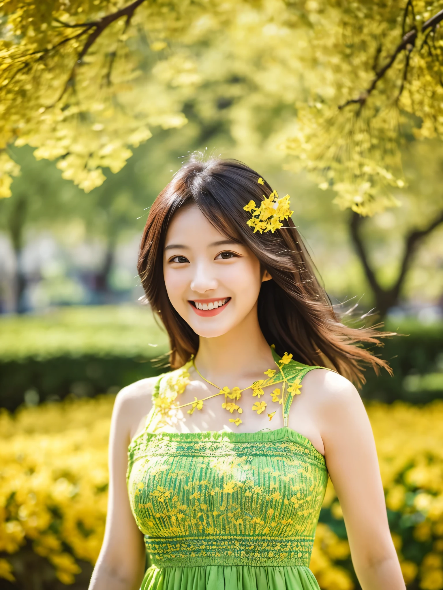 Highest quality　masterpiece　detailed　A very pretty woman is smiling and wearing a yellow-green knitted mini dress, walking along the ginkgo tree-lined street　Photo style　Fantasy　Stylish　Close-up