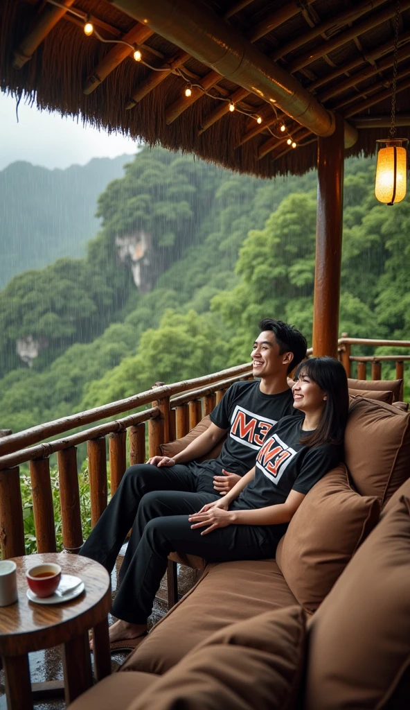 Serene wooden balcony with rustic bamboo railing overlooking lush green forest during heavy rain. The balcony is equipped with a comfortable long sofa with large brown cushions., and a small round table that can accommodate two cups of tea or coffee. A handsome Indonesian man with a clearly visible smiling face and neat short hair sitting on the sofa, wearing a black t-shirt with a vintage logo "m3", celana jeans panjang, and flip flops, bersama seorang wanita cantik Indonesia tersenyum rambut panjang lurus bangs ponnytails tersenyum duduk di sofa mengenakan t-shirt tanpa lengan hitam dengan logo vintage 'm3', white longskirt. They smiled happily looking at the camera . The warm atmosphere is lit with hanging yellow lights, and the natural thatched roof on top adds to the cozy rural atmosphere.. It was night, it was dark all around, adding to the serene and almost mystical atmosphere. In the background, tampak sama samar karena gelapnya. Mist rises between towering cliffs covered in lush green, when it rains., photo, fashion