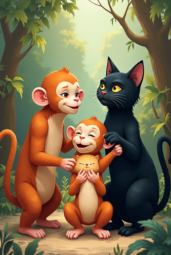 Illustration of 3 monkeys and 2 cats, one of which is orange and the other black