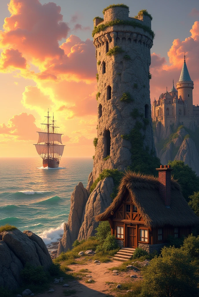 Create a landscape with a rustic rock tower (rapunzel style) near a rustic house , In the background an ocean with a pirate ship floating , a castle further in the background near a sunset