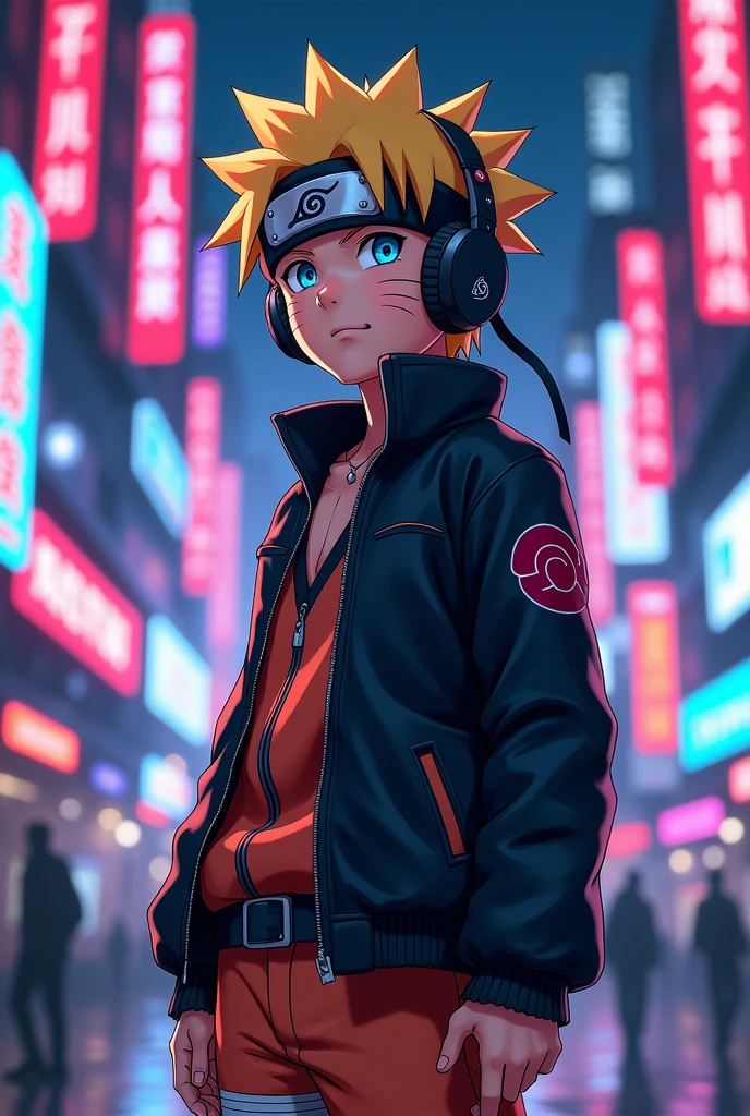 portrait, neon, 1 boy, shonen style, spiky blonde hair, scratches on cheeks, black and red clothing, leather jacket, jeans, boots, bandana with leaf symbol, perfect eyes, cool, blue eyes, full body, color --name Naruto Uzumaki --night background city with futuristic buildings and holograms add a mask, add a headphone. Face ko zoom