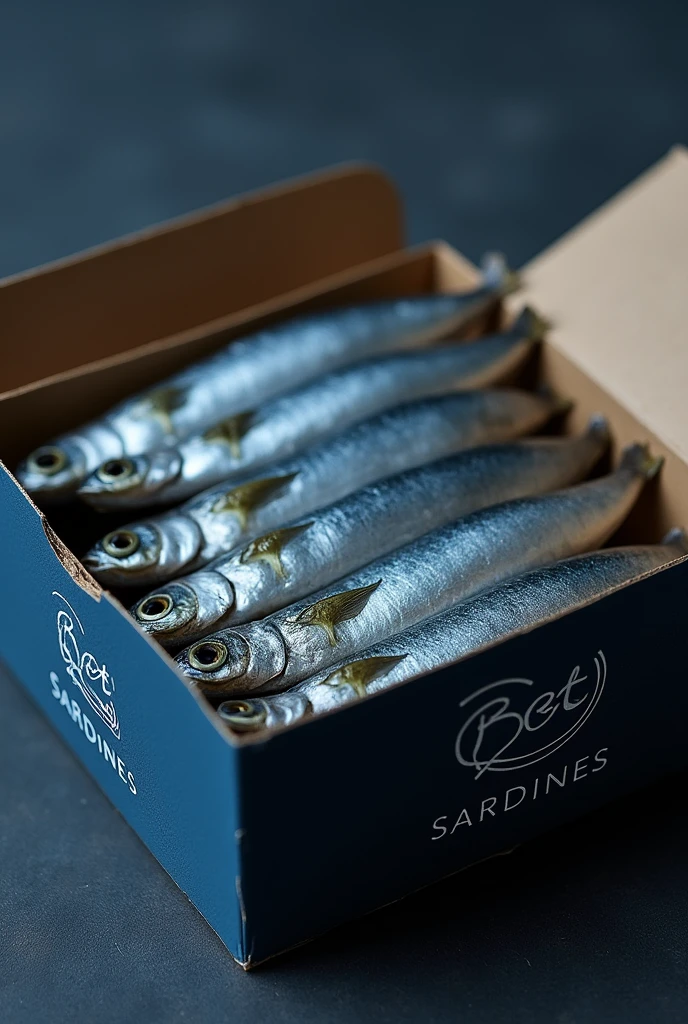 Canned sardines that were previously preserved in cans but are now preserved in paper boxes, with dark blue packaging reminiscent of the sea, with the brand name being “beta sardines” and a minimalist fish logo.