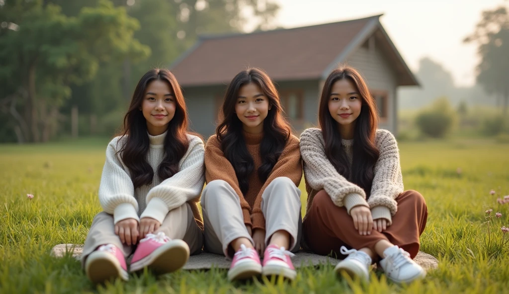 3 Beautiful Indonesian Women, his body is quite fat, fair skin, big nose, long wavy hair, wearing a sweater jacket, long pants, wearing pink sneakers, sitting on the grass, his hands in front, happy faces all facing the camera, in front of the country house, morning mood, minimal defects, very detail, realistic, 8K picture