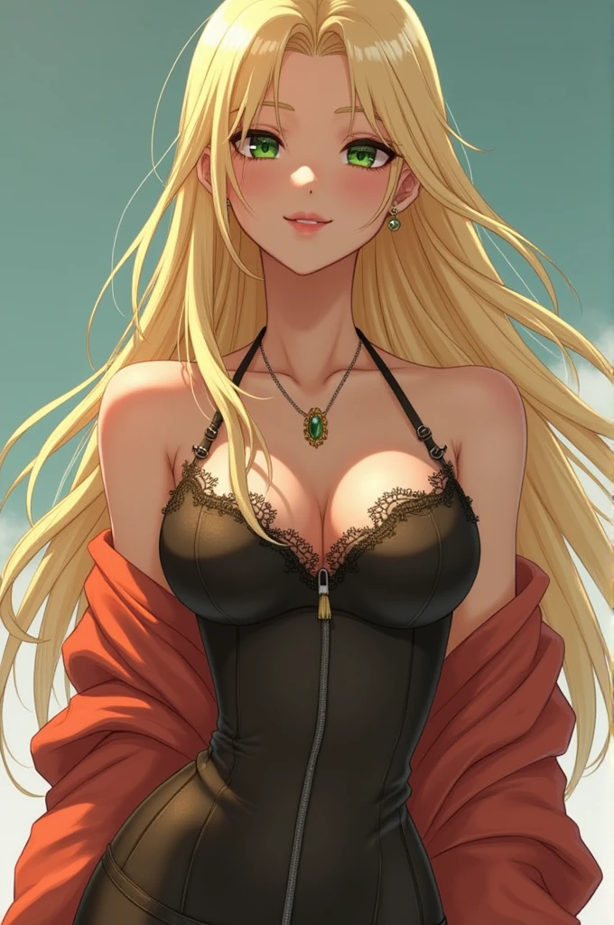 1 girl in, 20 year, standing alone, long hair, Colossal , looking ahead at viewer, hair blonde, hair blonde, bared shoulders, greeneyes, jewerly, whole body, a necklace, off the shoulders, Sweaters, realisitic, A sexy, big boobies, ((누드))