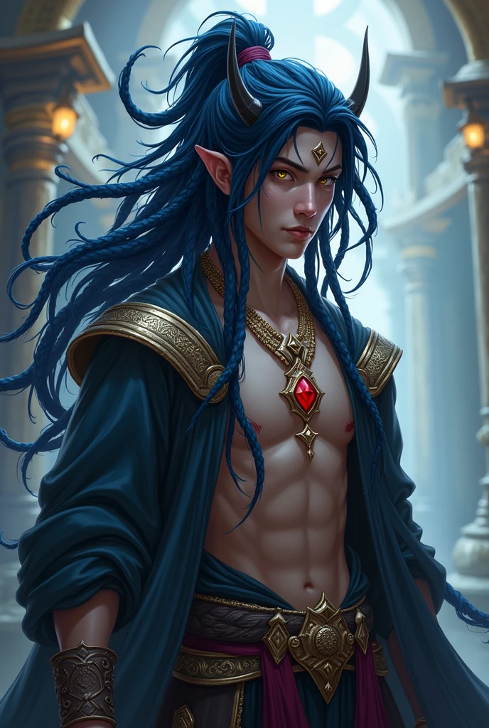 League of legends style, dark blue dreadlocks in the shape of tentacles, Dreadlocks in the form of tentacles should be left with the ends of the hair facing upwards, ancient warrior clothes, emperor clothes, masculine, young man without many muscles, no bear, black clothes, pingente de joia vermelha no pescoço, roupa que mostra o corpo, mask in the face, um plho amarelo e outro vermelho, os dreads devem ter p mesmo formato da imagem anterior, porém deve ficar suspensos para cima