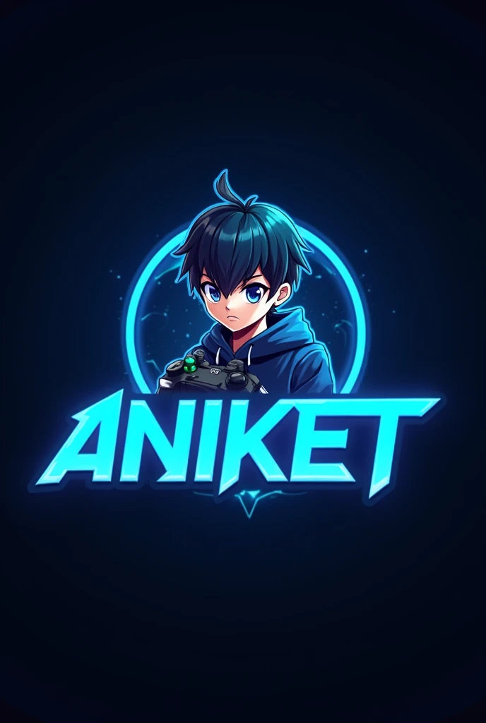 This is a gaming logo that features the name "Aniket" in a futuristic font and a neon Blue colour.and boy anime avatar, the logo also has a stylized controller icon the logo is designed to be attracting and eye-catching,and to apeal to gamning anyhusiats