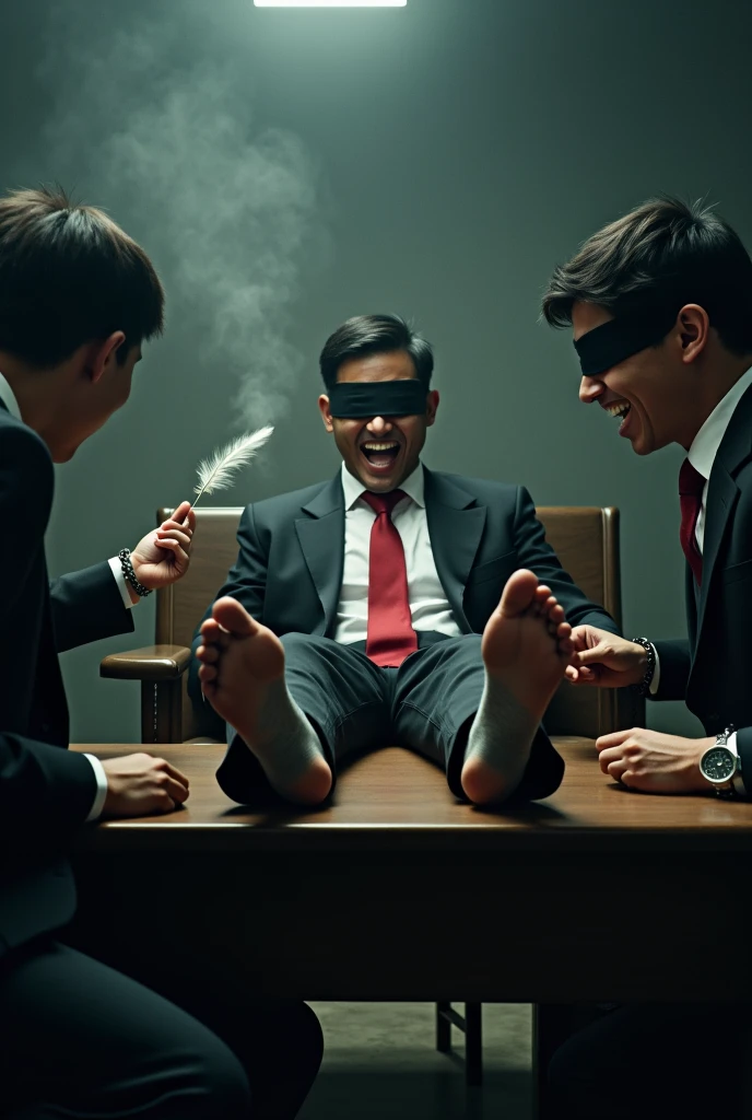Malaysia malay handsome 19 years 
His handcuff  in warehouse 
Blindfolded
Black Suit and Red tie
feet on desk
feather
shoes on desk 
5 toes each feet 
Grey sock
Smoke effect smelly sock
2 man tickle his feet
1 man take off  his socks
1  man holding feather tickle his feet 
He laugh very hard