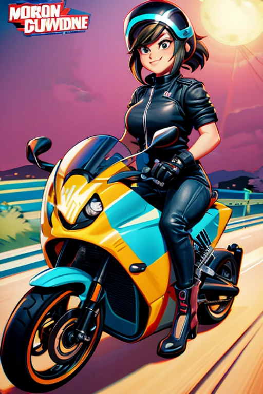 cartoon woman sitting on a motorcycle with a helmet on the back, picture of a female motorcyclist, in cartoon style, cartoon style illustration, cartoon art style, caricature illustration, caricature style, colorful digital illustration, hd illustration, motorcyclist, in digital illustration style, motorcyclist, cartoonish, sitting on a motorcycle, cartoon digital art, digital art!!, 8k