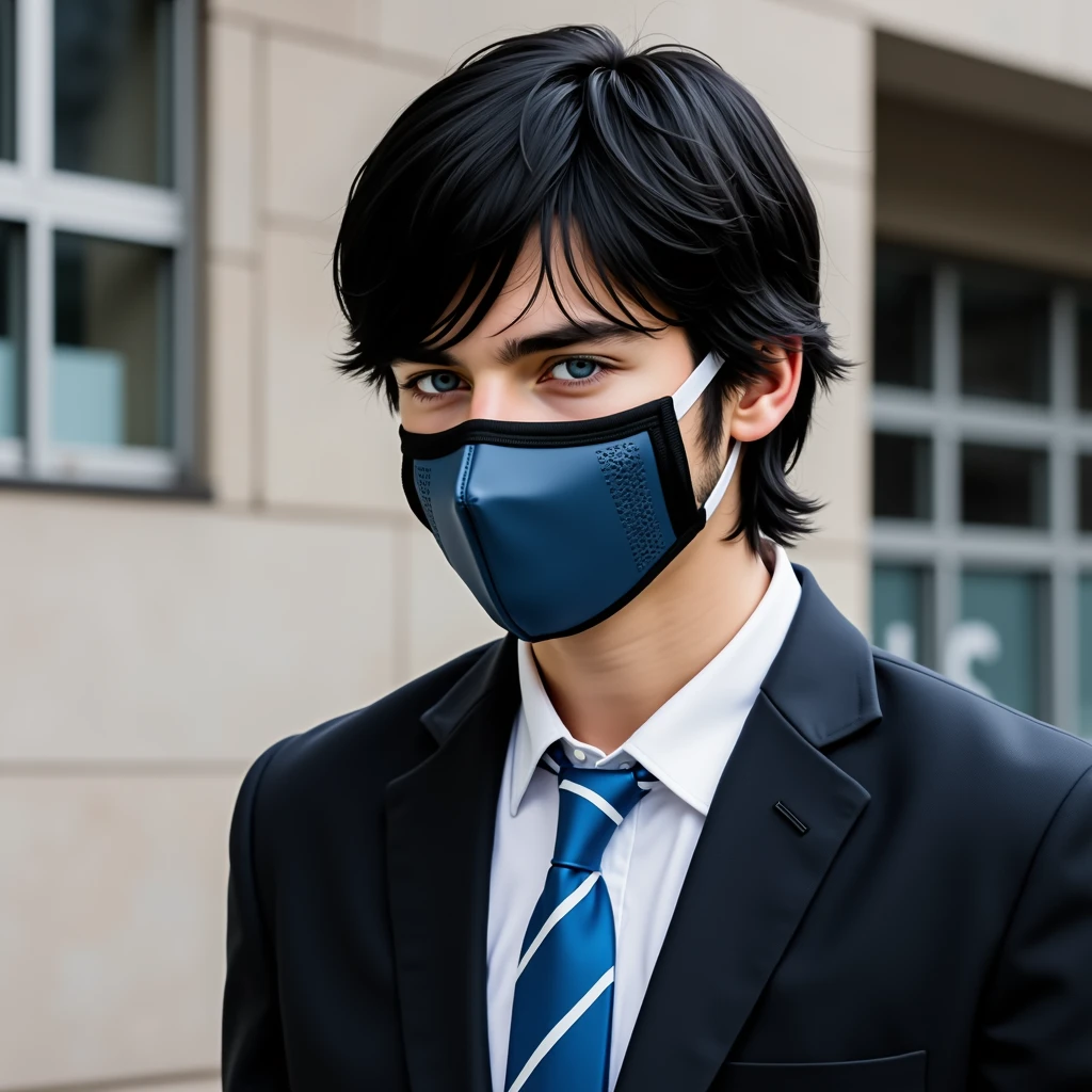 Black hair with bangs that cover his right eye. Realistic. Blue eyes. Handsome. Emo. A horizontal black and gray mask covering his mouth. A blue high school uniform. Handsome, but emo. Blue eyes and black hair. Black side swept hair. Blue eyes. Mask with stripes. Black and gray striped mask. Pale skin. Blue eyes. Noticably blue eyes. Black hair. School uniform. High school school uniform. Blue school univorm. Gray mask. Black hair. Emo. Moody. Sarcastic. Bitter. School uniform. Shaggy black hair. Blue eyes. BLUE EYES. Handsome. High school boy. Youthful face. Youthful pale face with blue eyes. No dark circles. Clear face. Smooth, pale face. Blue eyes. Gray mask.