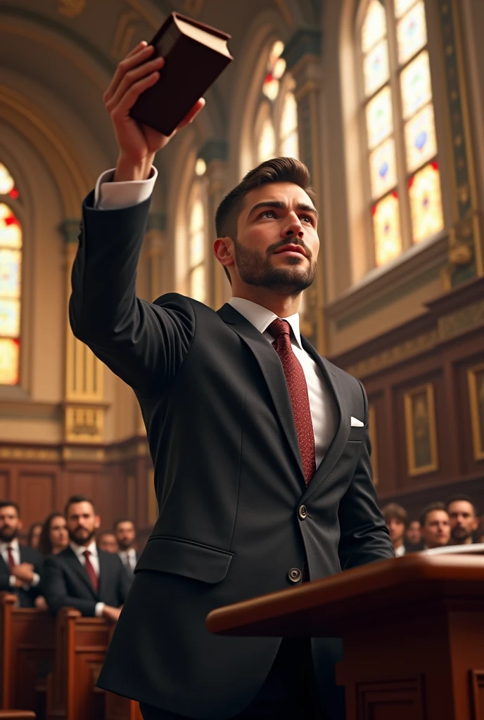 Creat a young man preaching in church lifting bible in one hand , wearing suit