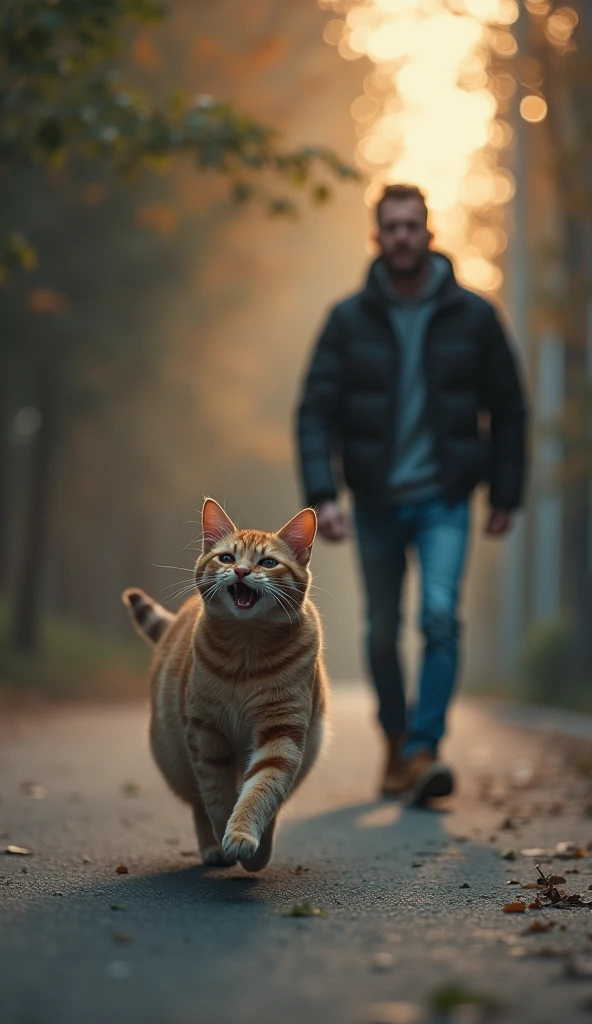 The cat is crying and the man is scaring him and he is running away from him but he caught up with him