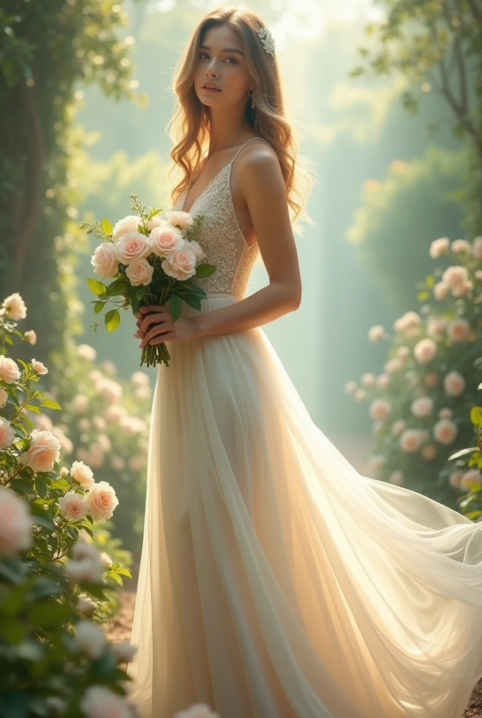 Illusion. Girl wearing white and gold bridesmaid dress holding white and pink roses with garden background