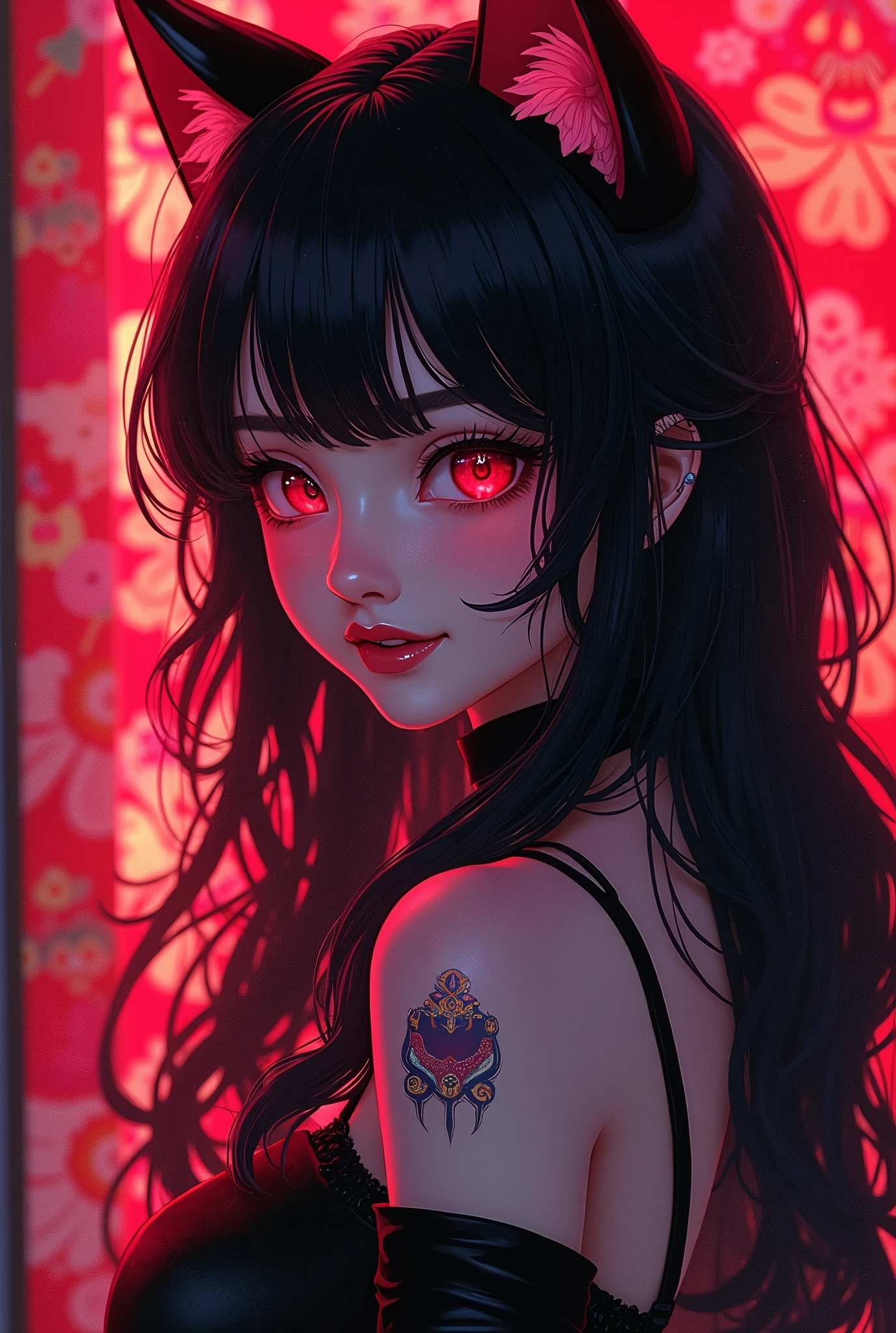 Japanese girl with more or less long black hair with bangs and red highlights, e sexy, Lady,Red hair,dress,beautiful,anime,tattoo, face portrait, close up, big beautiful detailed eyes, ulzzang, art nouveau, candy, sweets, tattoo background pattern, tapestry, backlit, neon palette, geisha, 3 dimensional against a traditional japanese tapestry, ,((long hair slightly wavy slightly past the shoulders, black bangs, small black pigtails on the sides, cute cat ears, beautiful thin red eyes,)),Gafe,Muslos carnosos,Estilo de publicidad del cartel.,Ultracortos,Simetall,C cup,happy expression, jinxlol. (Masterpiece, Best quality, Ultra-detailed, Best shadow), (Detailed background,Dark fantasy), (Beautiful detailed face), High contrast, (Best illumination, An extremely delicate and beautiful), ((Cinematic light)), Colorful, Hyper-detailing, Dramaticlight, Intricate details, (1 girl, Solo,Black hair, sharpy face,Low Twin Tails,Red eyes, hair between eye,Dynamic Angle), blood spatter, swirling black light around character, Depth of field,Black light particles,(Broken glass),Magical Circle, 1girl, solo, monochrome, greyscale, bob cut, short hair, portrait, turtleneck, closed mouth, bangs, looking at viewer, blunt bangs, sketch, graphite \(medium\), lips, hatching \(texture\), red lips