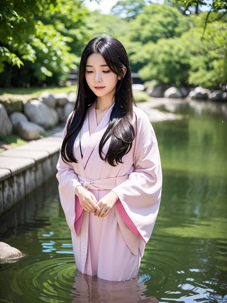 1girl, upper body,
Yuki, a young Japanese girl in a light pink kimono, strolls along the Sendai River. Her long black hair blows gently in the wind as the soft sunlight reflects off the green leaves. She pauses to look at her reflection through her clear tears, before smiling faintly.